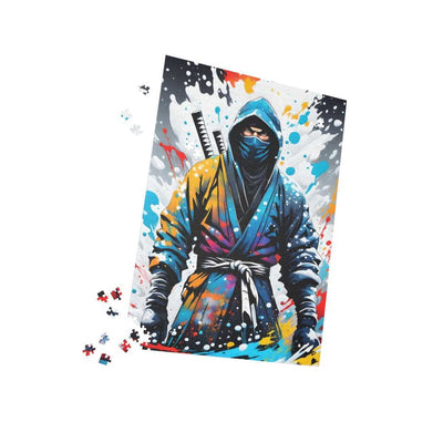 Premium jigsaw puzzle with a colors burst design representing a ninja, pieces