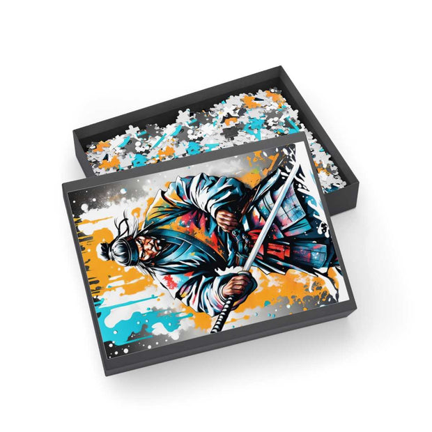 Premium jigsaw puzzle with a colors burst design representing a samurai, box