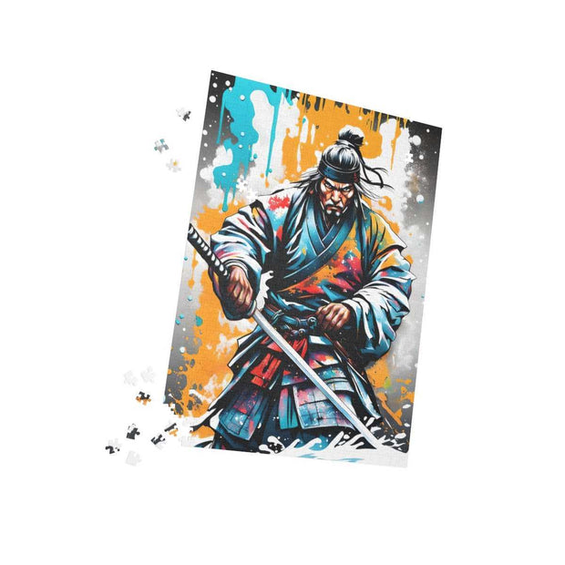 Premium jigsaw puzzle with a colors burst design representing a samurai, pieces