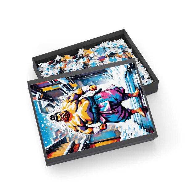Premium jigsaw puzzle with a colors burst design representing a sumo wrestler, box