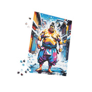 Premium jigsaw puzzle with a colors burst design representing a sumo wrestler, pieces