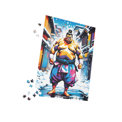 Premium jigsaw puzzle with a colors burst design representing a sumo wrestler, pieces