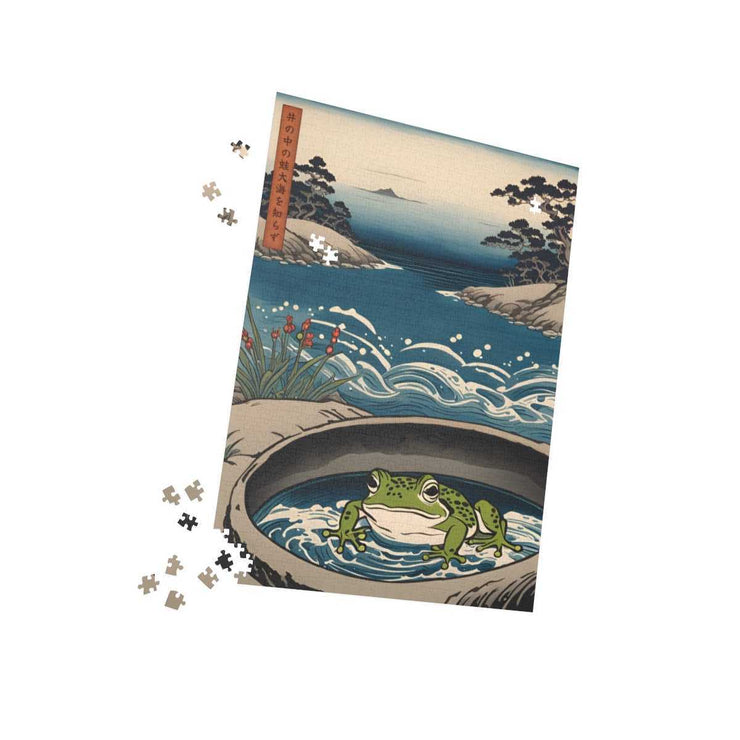 Premium jigsaw puzzle illustrating the Japanese proverb "Frog in the well", pieces