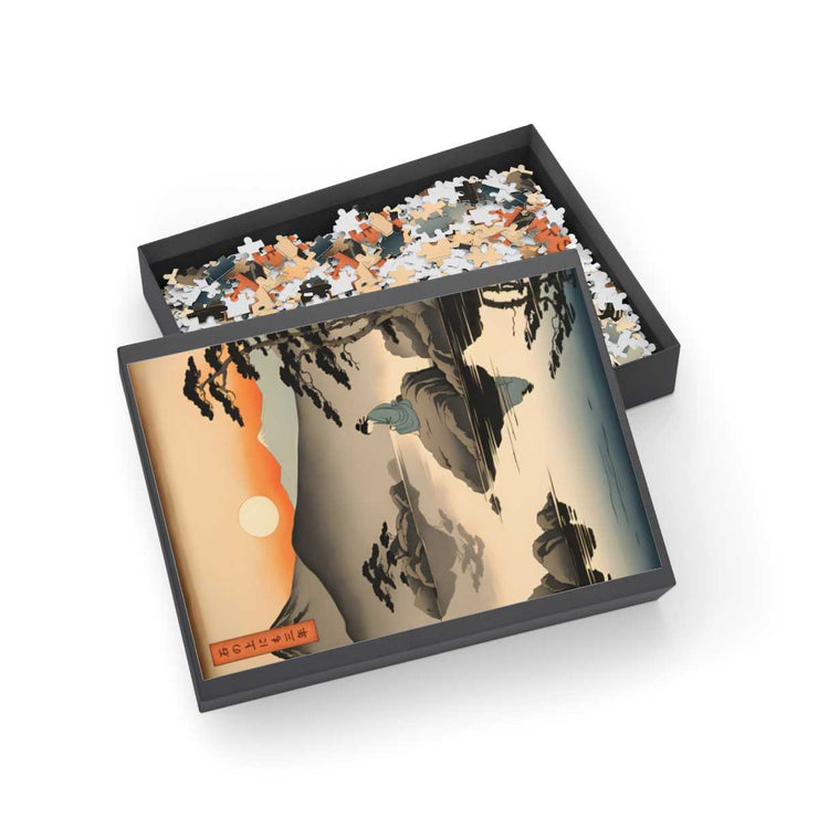 Premium jigsaw puzzle illustrating the Japanese proverb "Seating on a stone", box