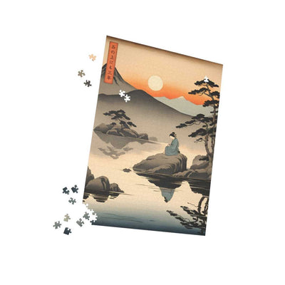 Premium jigsaw puzzle illustrating the Japanese proverb "Seating on a stone", pieces