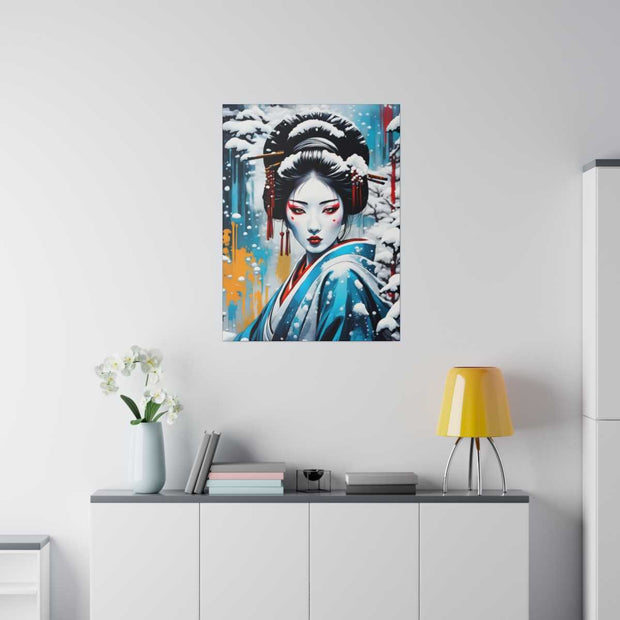 Printed canvas with a colors burst design representing a geisha, front 24x32 inch