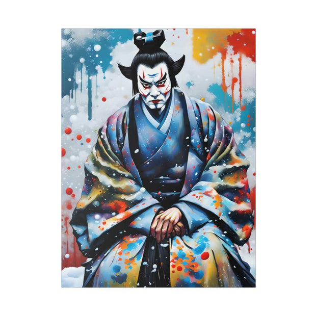 Printed canvas with a colors burst design representing a Kabuki actor, front