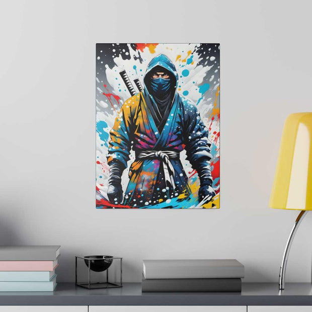 Printed canvas with a colors burst design representing a ninja, front 12x16 inch