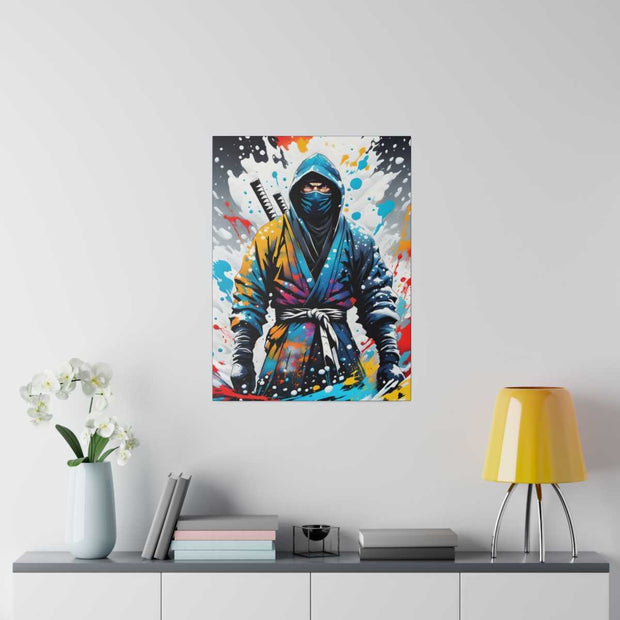 Printed canvas with a colors burst design representing a ninja, front 18x24 inch