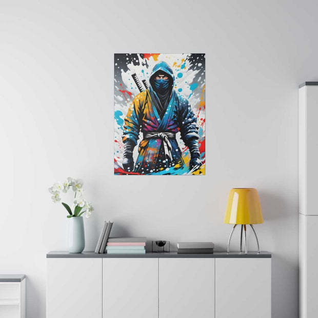 Printed canvas with a colors burst design representing a ninja, front 24x32 inch