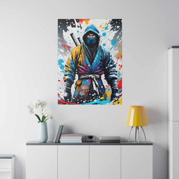 Printed canvas with a colors burst design representing a ninja, front 30x40 inch