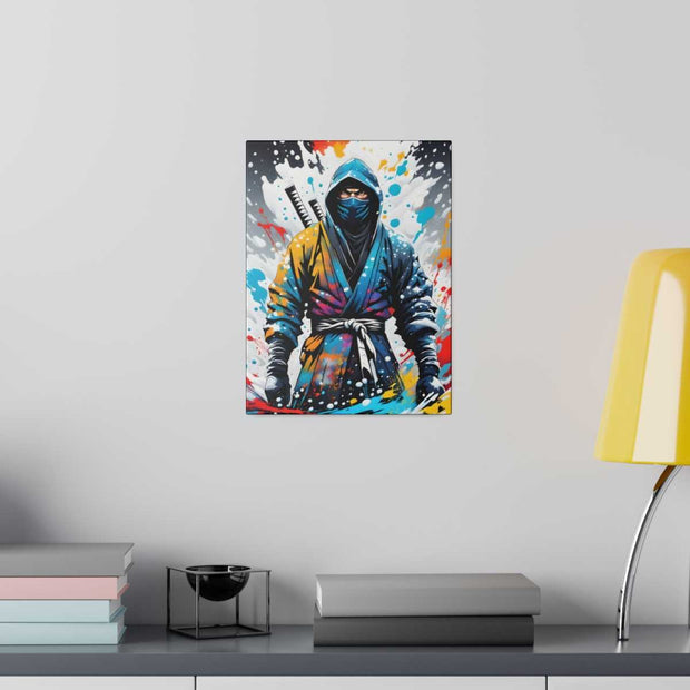 Printed canvas with a colors burst design representing a ninja, front 9x12 inch