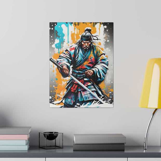 Printed canvas with a colors burst design representing a samurai, front 12x16 inch
