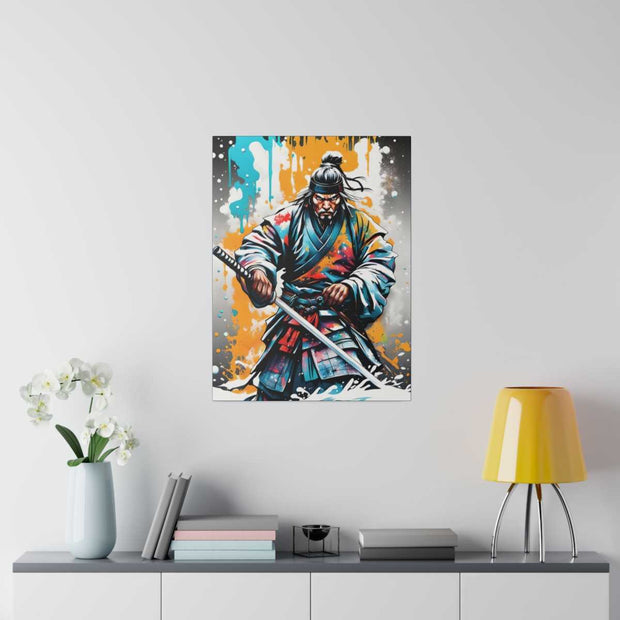 Printed canvas with a colors burst design representing a samurai, front 18x24 inch