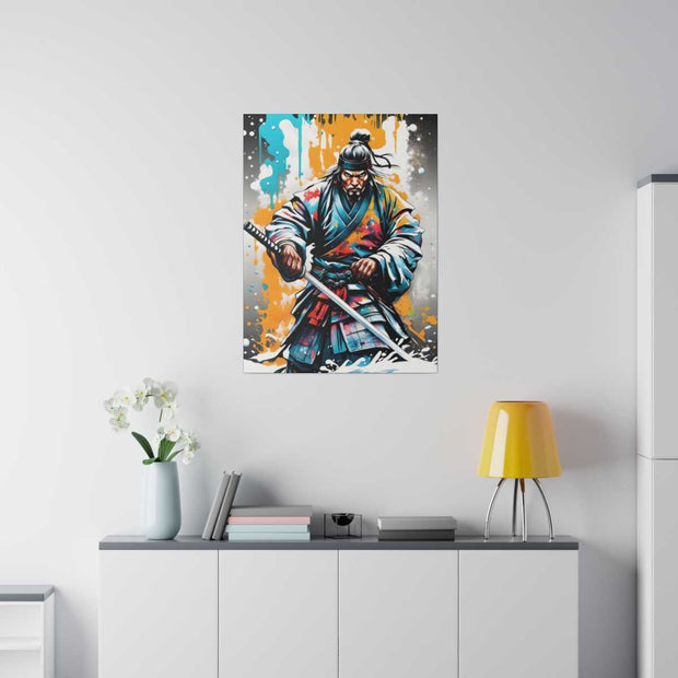 Printed canvas with a colors burst design representing a samurai, front 24x32 inch