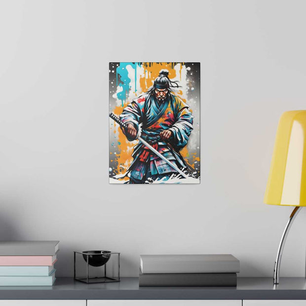 Printed canvas with a colors burst design representing a samurai, front 9x12 inch