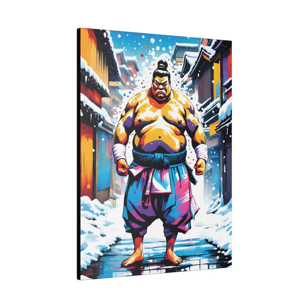 Printed canvas with a colors burst design representing a sumo wrestler, side
