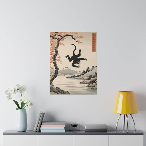 Printed canvas illustrating the Japanese proverb "Even monkeys fall", front 18x24 inch
