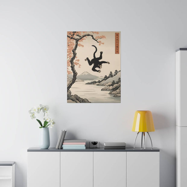 Printed canvas illustrating the Japanese proverb "Even monkeys fall", front 24x32 inch