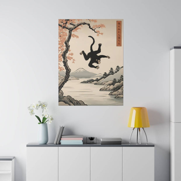 Printed canvas illustrating the Japanese proverb "Even monkeys fall", front 30x40 inch