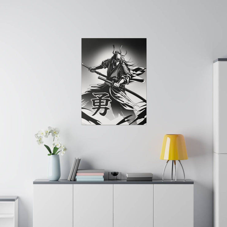 Printed canvas with a samurai design representing the value of bravery, front 24x32 inch