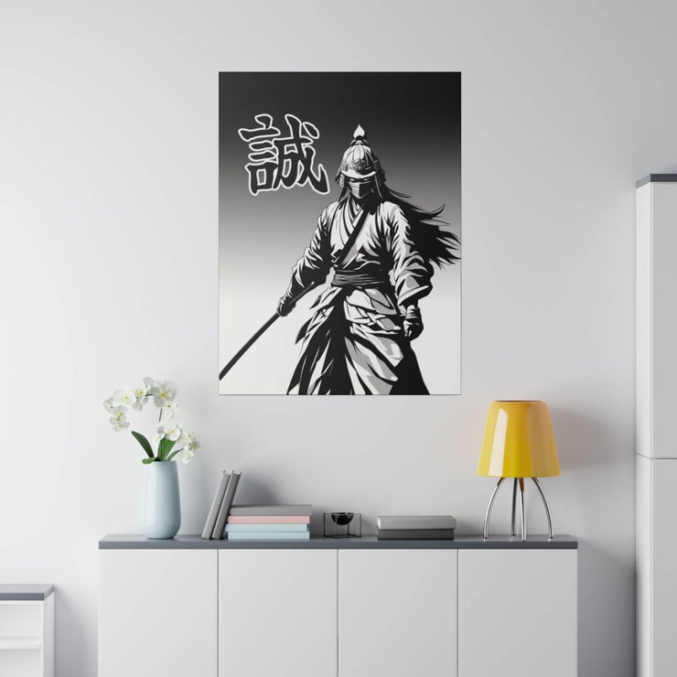 Printed canvas with a samurai design representing the value of honesty, front 30x40 inch