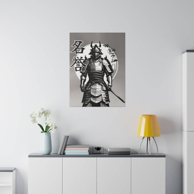 Printed canvas with a samurai design representing the value of honor, front 24x32 inch