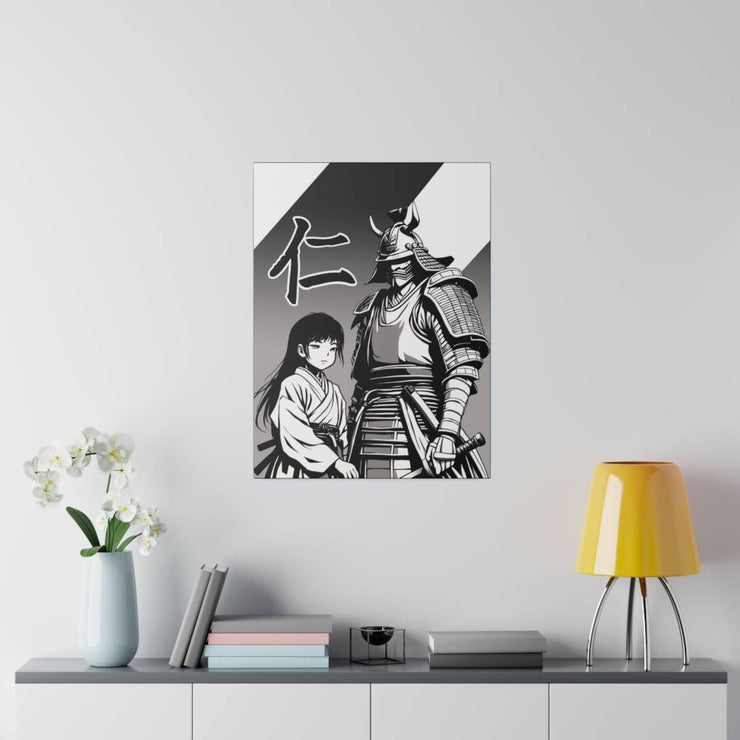 Printed canvas with a samurai design representing the value of kindness and compassion, front 18x24 inch