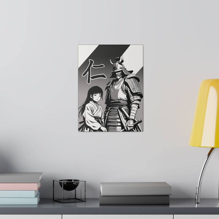 Printed canvas with a samurai design representing the value of kindness and compassion, front 9x12 inch