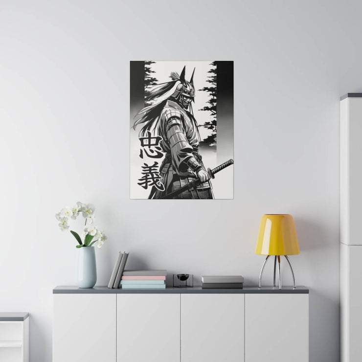 Printed canvas with a samurai design representing the value of loyalty, front 24x32 inch