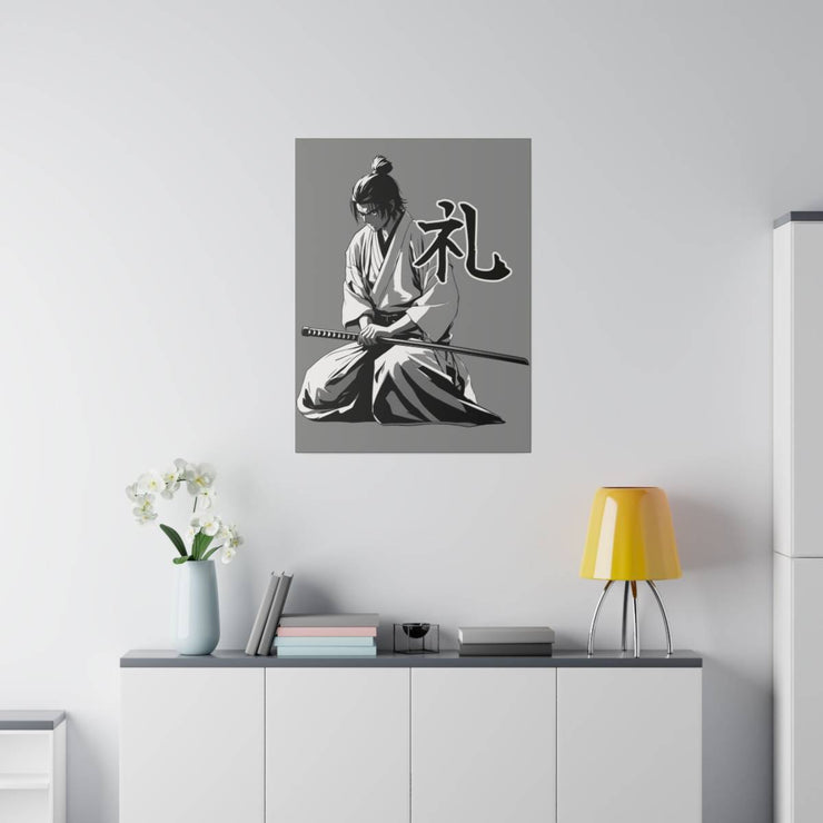 Printed canvas with a samurai design representing the value of respect, front 24x32 inch