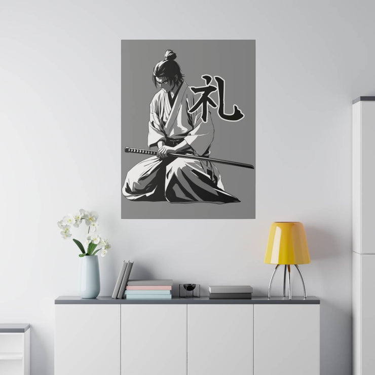 Printed canvas with a samurai design representing the value of respect, front 30x40 inch