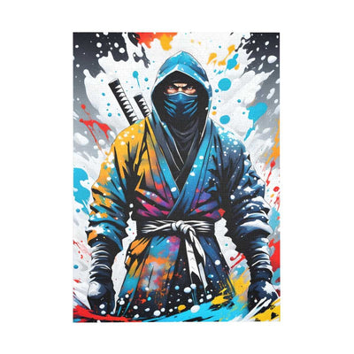 Jigsaw puzzle with a colors burst design representing a ninja, front