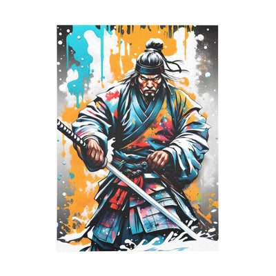 Jigsaw puzzle with a colors burst design representing a samurai, front