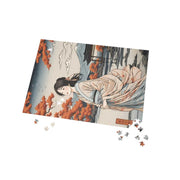 Jigsaw puzzle illustrating the Japanese proverb "Women's heart", pieces