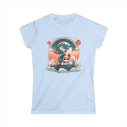 T-shirt for women with a pastel design representing a kitsune and a dragon, blue