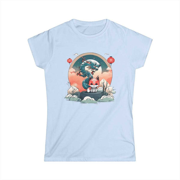 T-shirt for women with a pastel design representing a kitsune and a dragon, blue