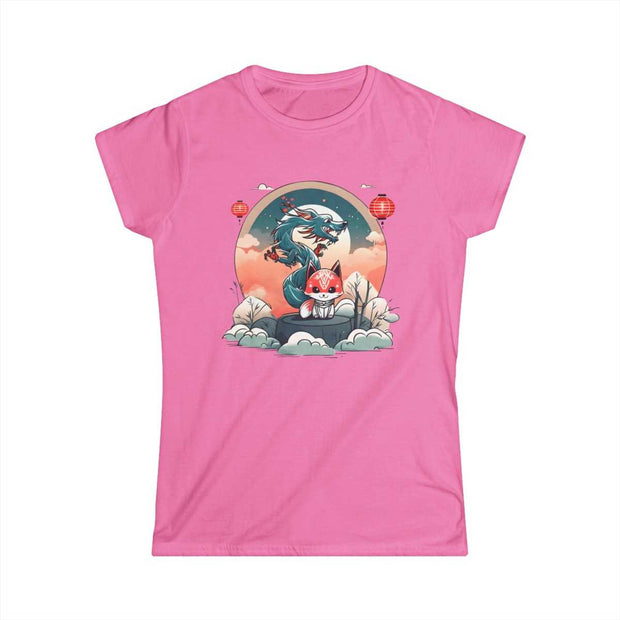 T-shirt for women with a pastel design representing a kitsune and a dragon, pink