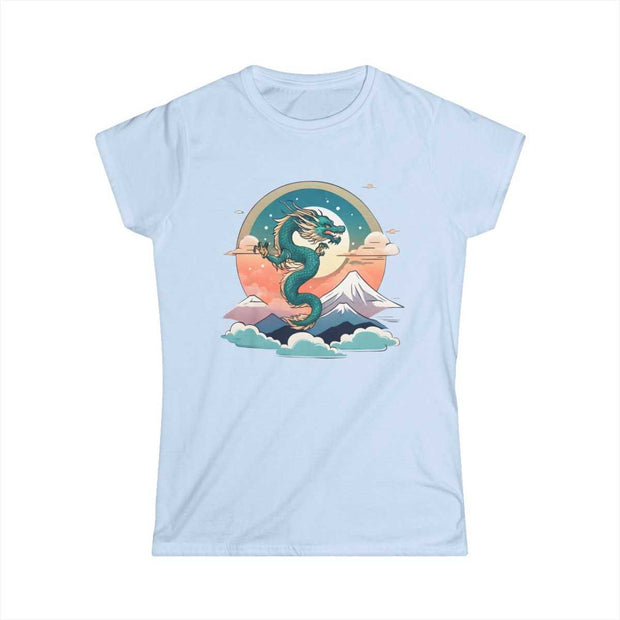 T-shirt for women with a pastel design representing a dragon, blue