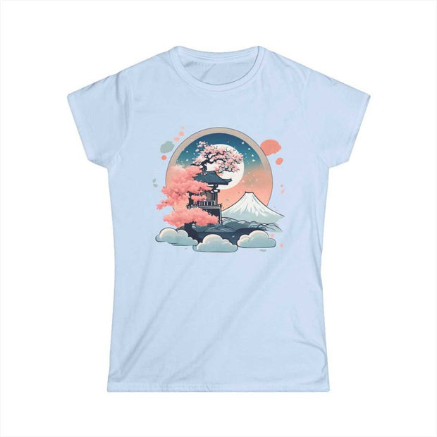 T-shirt for women with a pastel design representing an enchanted place, blue