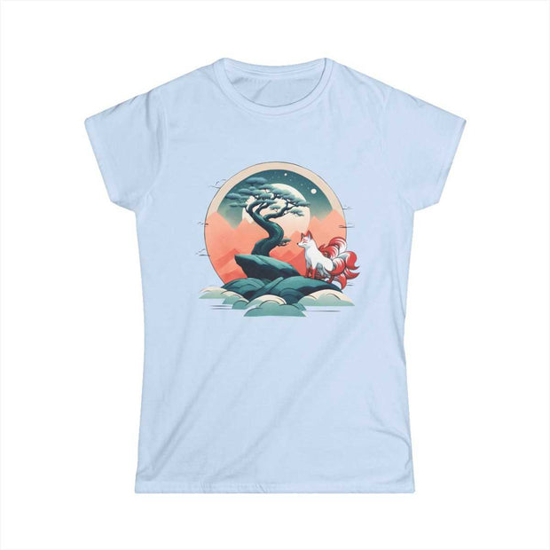 T-shirt for women with a pastel design representing a kitsune, blue