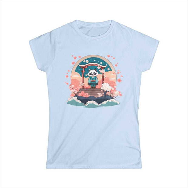 T-shirt for women with a pastel design representing a tanuki, blue