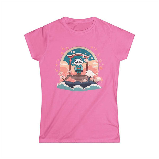 T-shirt for women with a pastel design representing a tanuki, pink