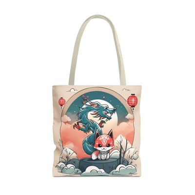 Tote bag with a pastel design representing a kitsune and a dragon, front