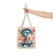 Tote bag with a pastel design representing a kitsune and a dragon, front 13x13 inch