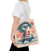 Tote bag with a pastel design representing a kitsune and a dragon, front 16x16 inch