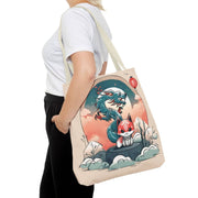 Tote bag with a pastel design representing a kitsune and a dragon, front 18x18 inch