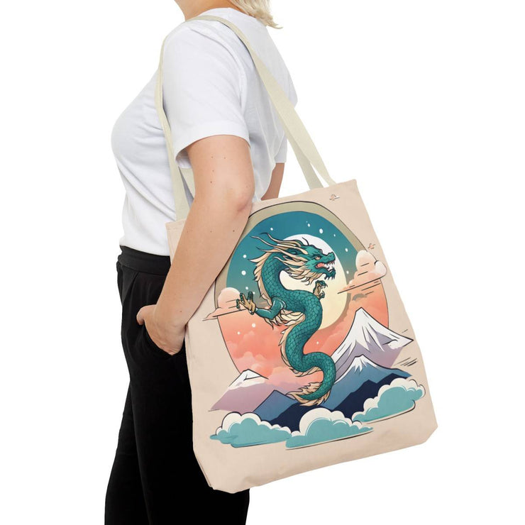 Tote bag with a pastel design representing a dragon, front 18x18 inch