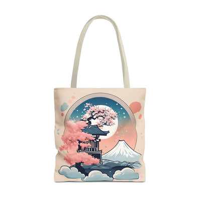 Tote bag with a pastel design representing an enchanted place, front