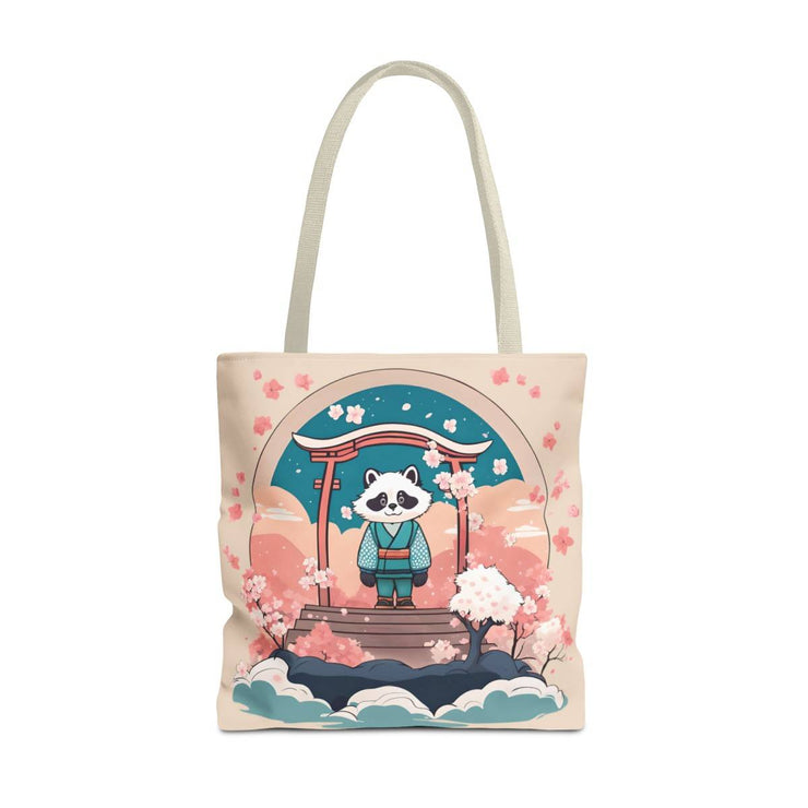 Tote bag with a pastel design representing a tanuki, front